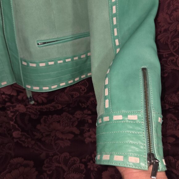 Double D Ranch Turquoise White Leather Fringe Jacket Woman's Size XL - Picture 2 of 10